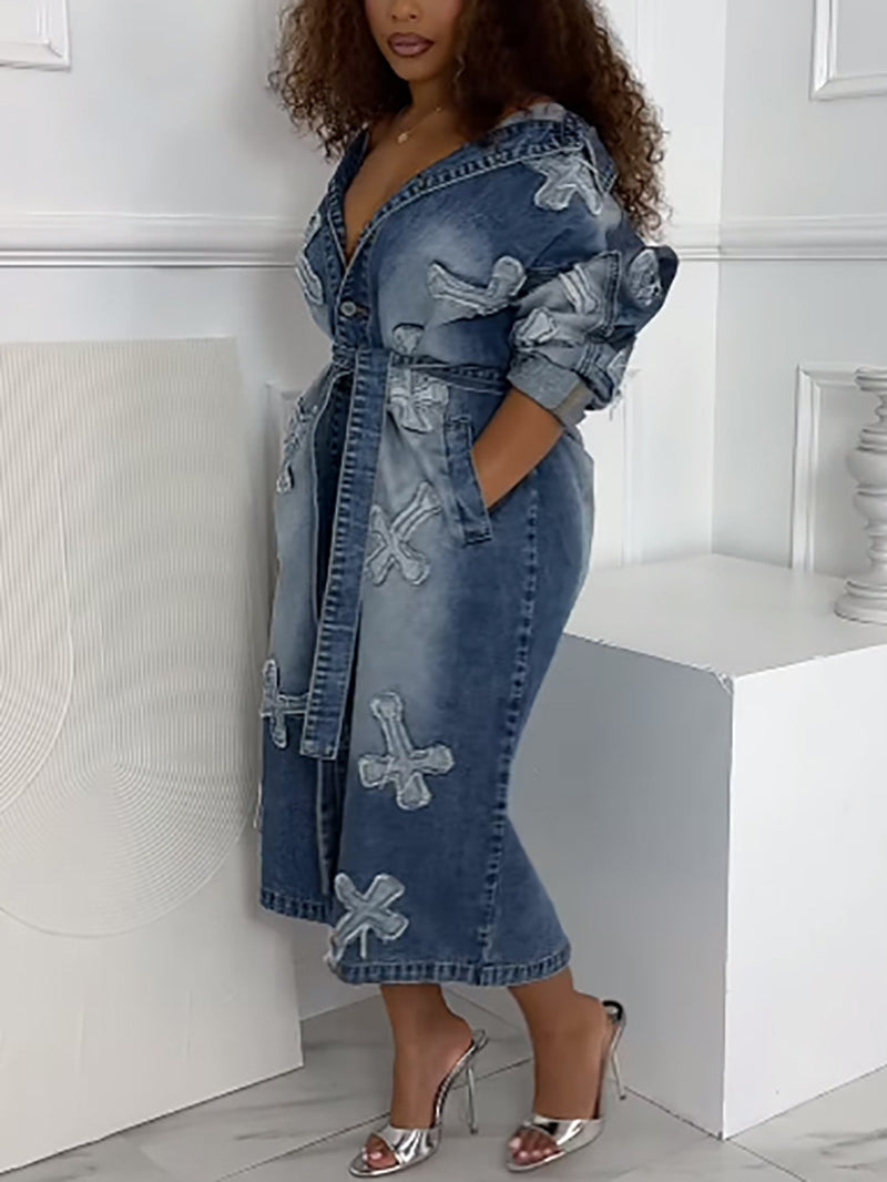 Fashion Embroidery Denim Long Coat Belted Outerwear