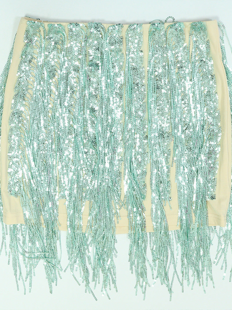 Fashion Sequin Tassel Package Hip Skirt Two Piece Set