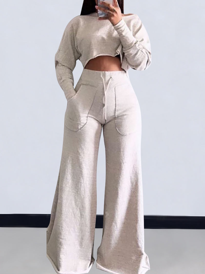 Casual Crop Top And Wide Leg Pants Two Piece Set