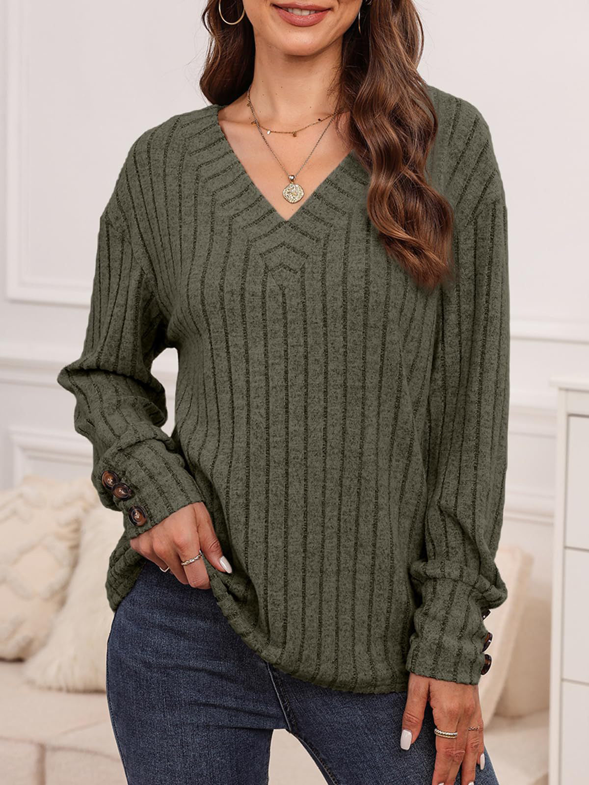 Casual Long Sleeve V Neck Knit Rib Pullover Sweatshirt