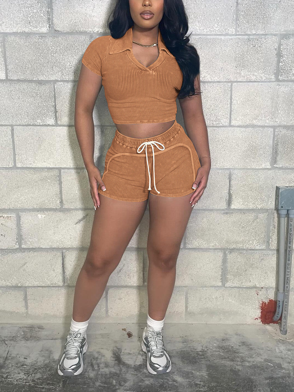 Casual Ribbed Cropped Tops Drawstring Shorts Sets