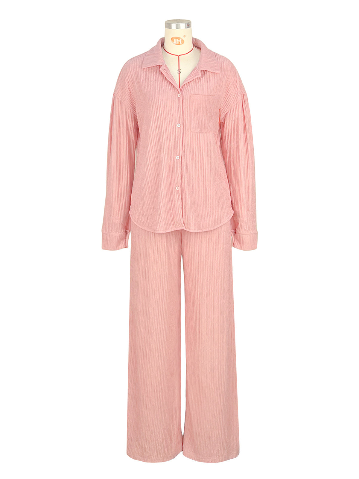 Button Front Lettuce Trim Shirt Wide Leg Pants Sets