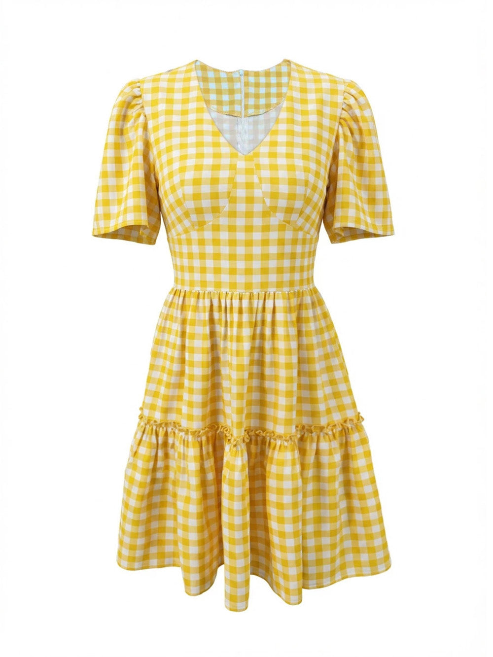 Casual Plaid Short Sleeve V Neck Ruffle A-line Dress
