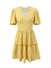 Casual Plaid Short Sleeve V Neck Ruffle A-line Dress