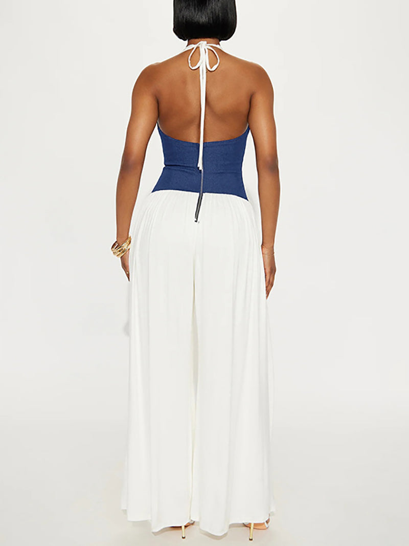 Fashion Halter Patchwork Wide Leg Jumpsuit