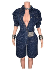 Patterned Denim Jacket and Bermuda Shorts Set