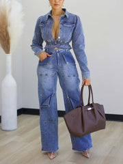 Casual Cinched Waist Crop Jacket Cargo Jeans Set