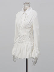 Fashion Folded Collar Ruched Bubble Mini Dress