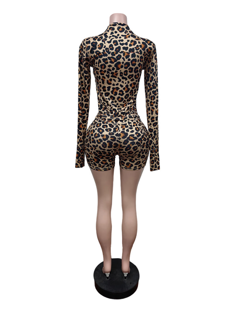 Sexy Leopard Print Zipper Top Stretch Shorts Sets
