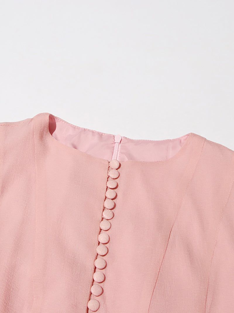 Round Collar Flare Sleeve Patchwork Ruffle Midi Dress