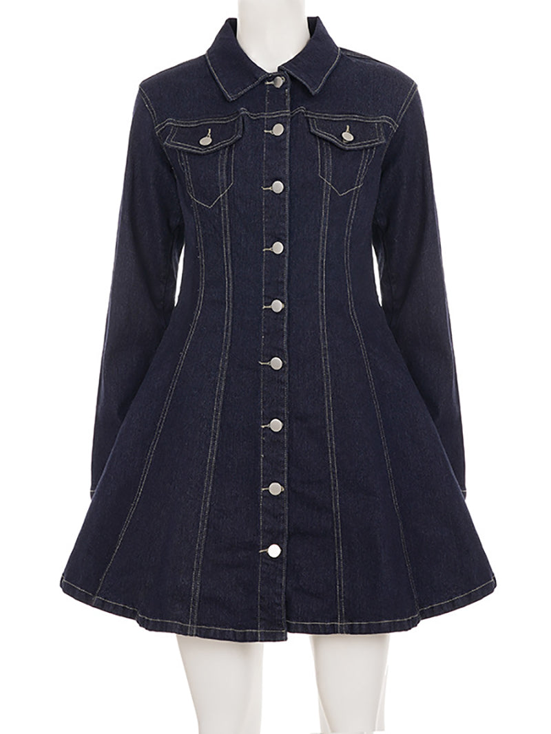 Fashion Pleated Denim Mini Shirt Dress