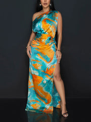 Sexy Tie-Dye Print Skew Shoulder High Slit Long Dress