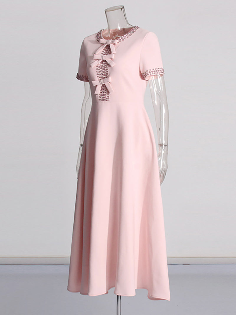Elegant Crystal Embellished Bow Midi Dress