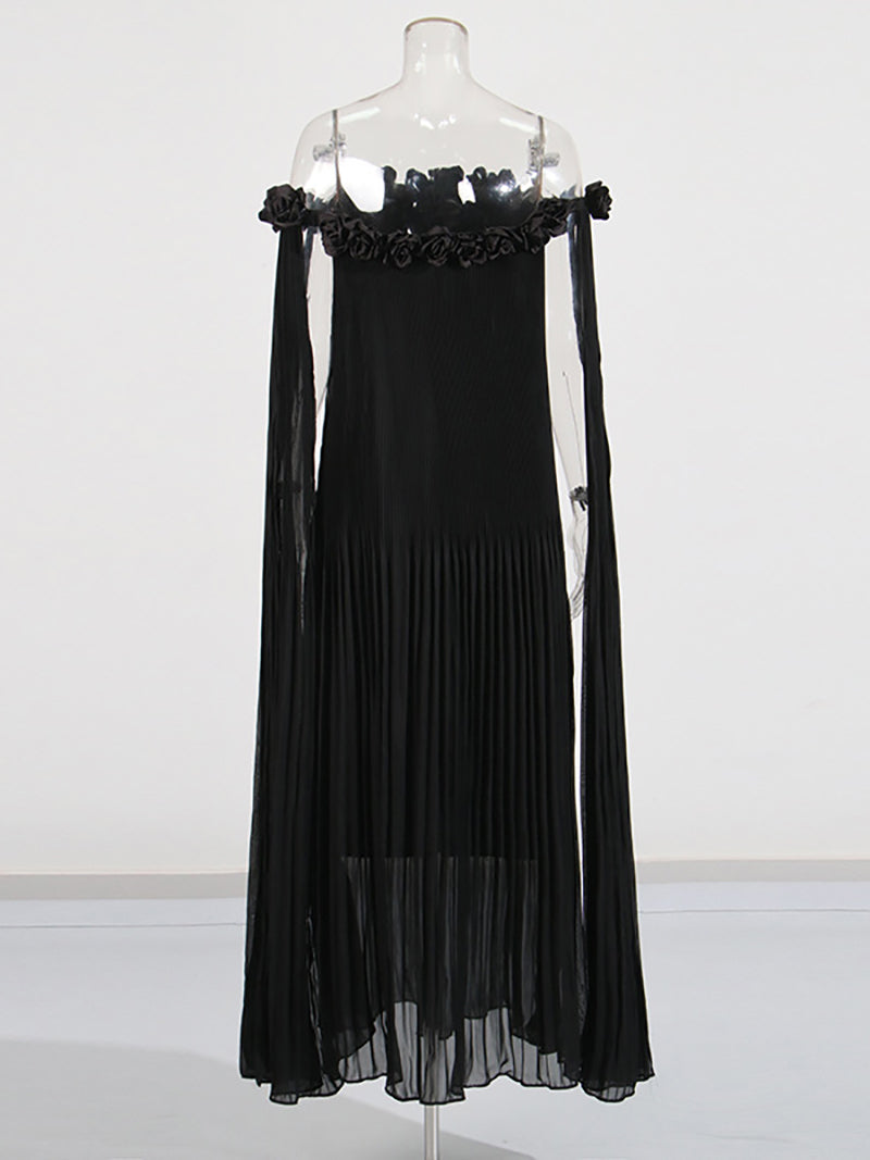 Elegant Off-The-Shoulder Flowers Folds Maxi Dress