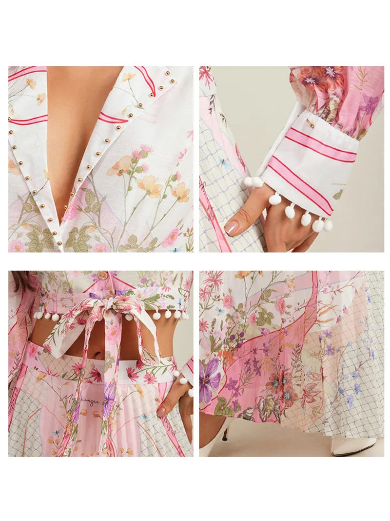 Elegant Print Shirt And Pleated Skirt Two Piece Set