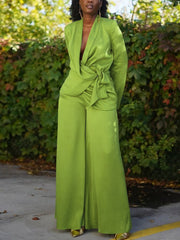 Belted Blazer and Wide Leg Pants Set