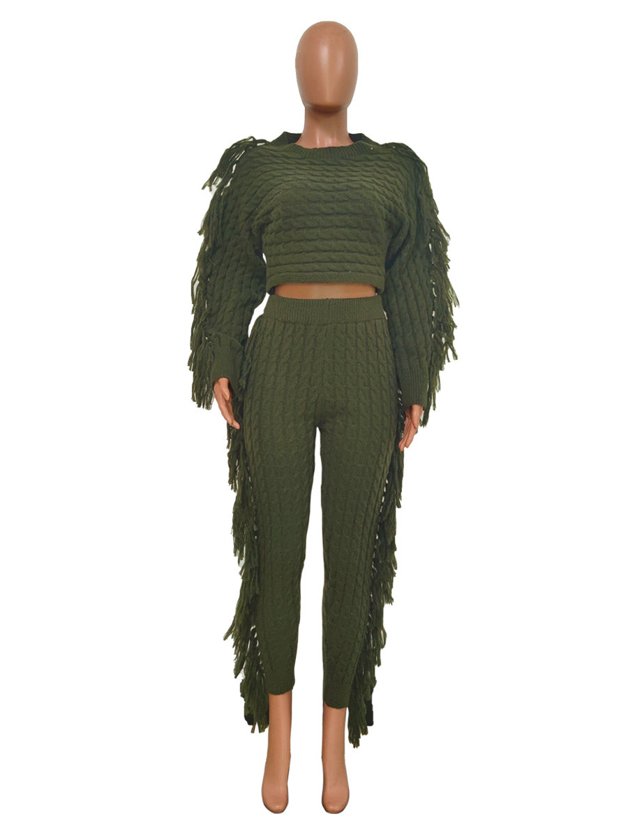 Fashion Knit Tassels High Waist Trousers Sets