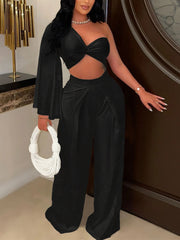 Elegant Solid Patchwork One Shoulder Fold Two Piece