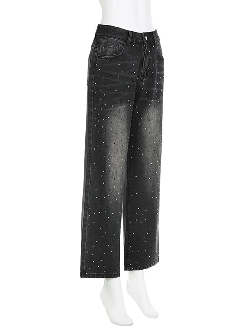 Fashion Rhinestone High Waist Loose Jeans