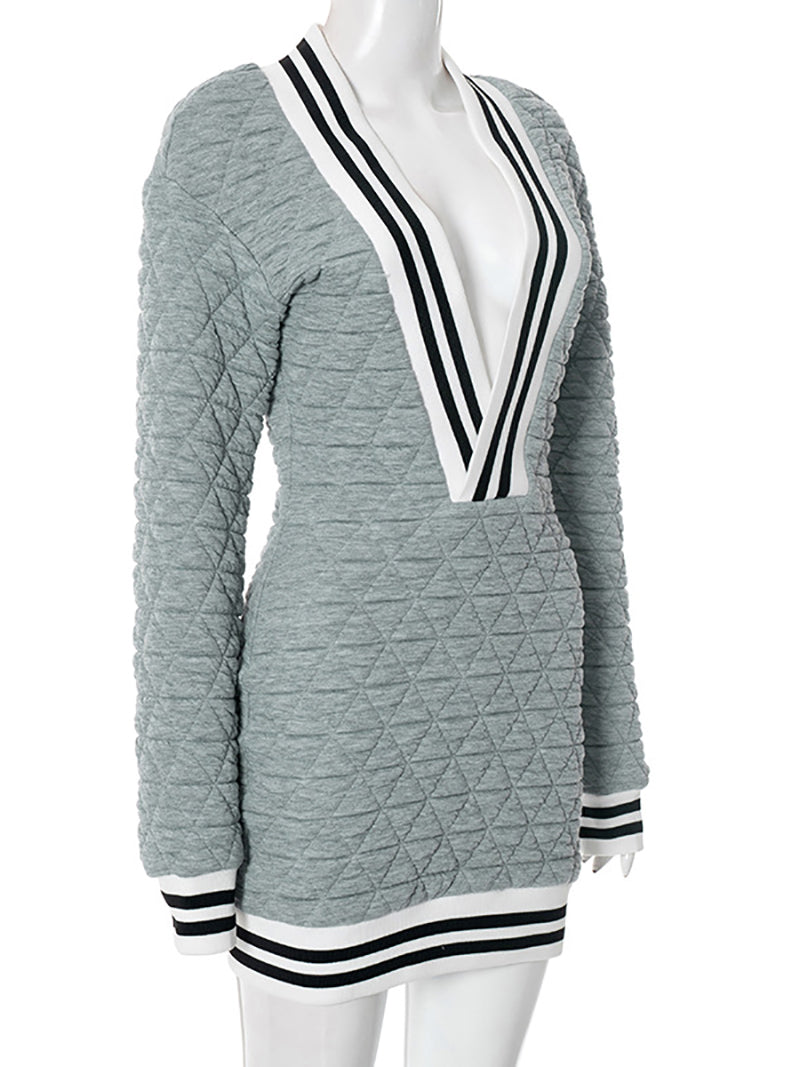 Rhombus Lattice Deep V Striped Package Hip Mini Dress