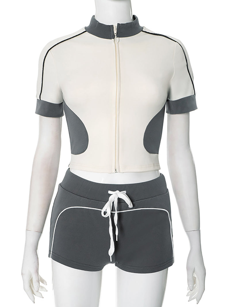Fashion Zip Crop Tops Shorts Matching Tracksuit Set