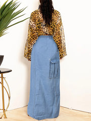 Sexy High Split Cargo Denim Skirt