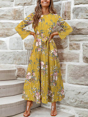 Floral Print Flounce Sleeve Pleated Hem Belted Dress