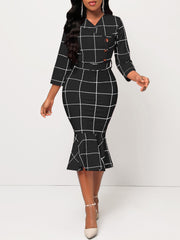 Fashion Belted Plaid Button Mermaid Dress