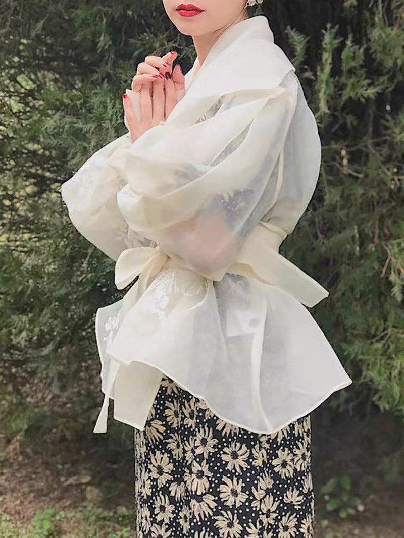 Elegant Lantern sleeve Lace-up Print Shirt