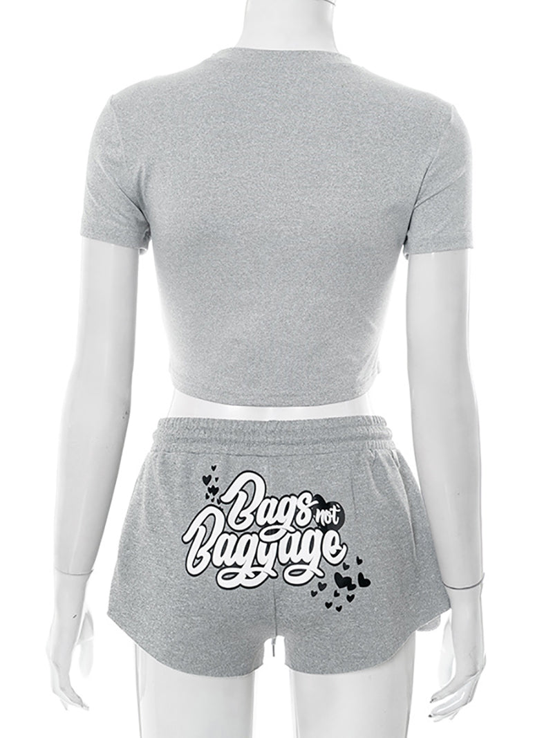 Casual Letter Print Crop Top Shorts Two Piece Set