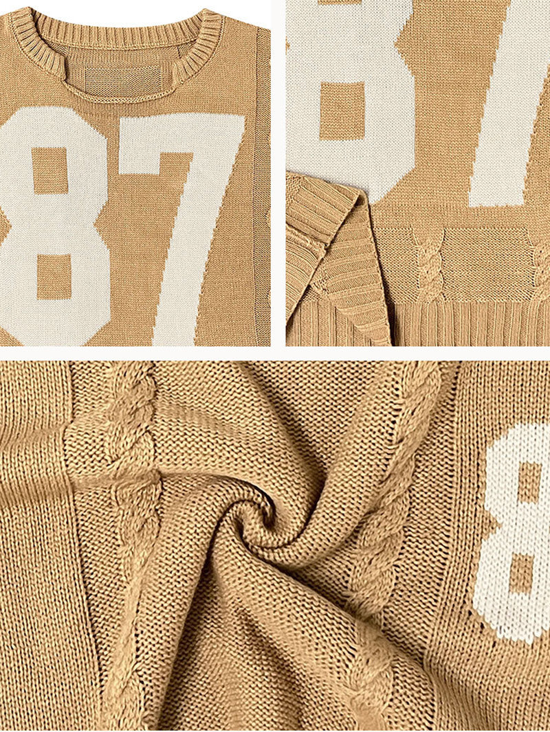 Casual Crew Neck Knit Number Pullover Sweater