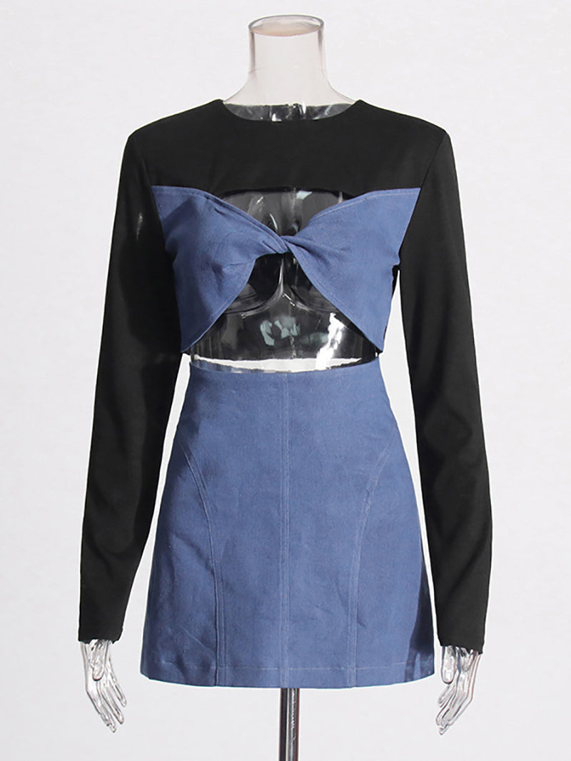 Fashion Denim Patchwork Hollow Top And Skirt Sets