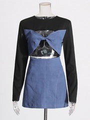 Fashion Denim Patchwork Hollow Top And Skirt Sets