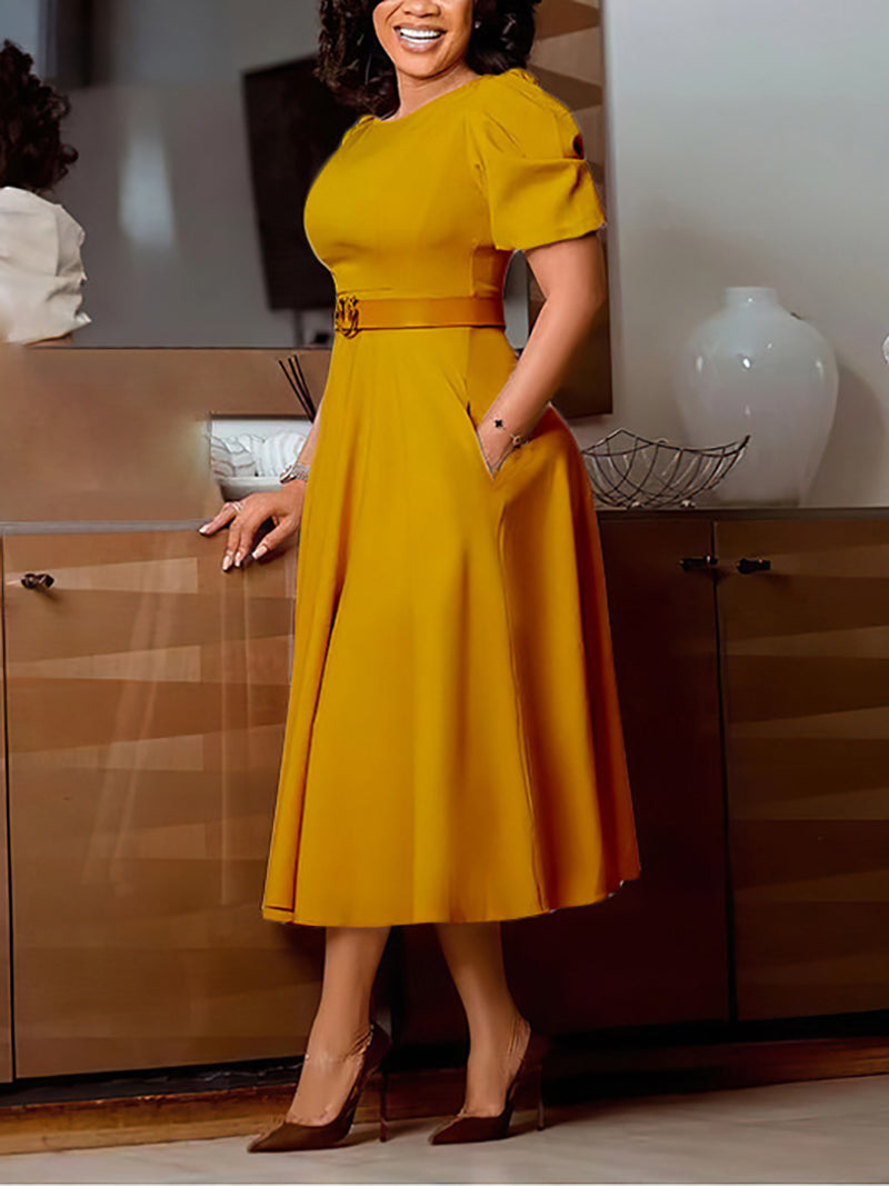 Fashion Round Collar Puff Sleeve High Waist Midi Dress