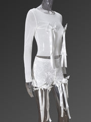 Sexy Bow Decor Lace See-through Top Shorts Sets