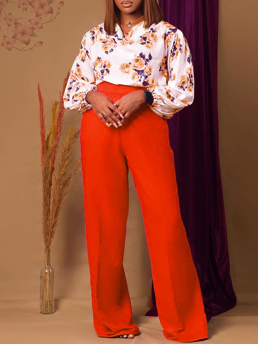 Elegant Rose Print Blouse And Wide Leg Pants Set