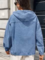 Hooded Half Button Washed Denim Pullover