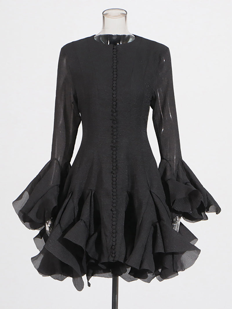 Round Collar Flare Sleeve Patchwork Ruffle Midi Dress