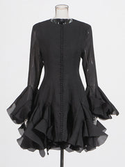 Round Collar Flare Sleeve Patchwork Ruffle Midi Dress