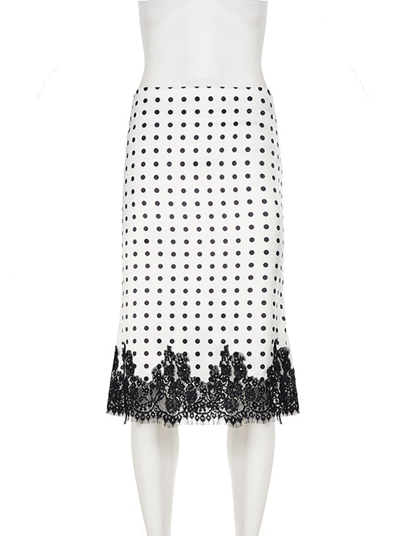 Casual Lace Patchwork Polka-Dot Print Midi Skirt