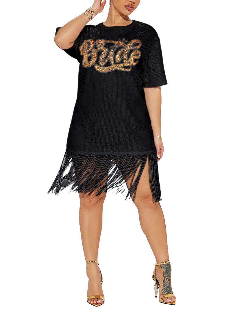 Round Neck Sequin Tassels Loose T-shrit Dress