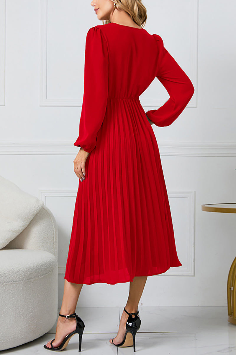 Casual Long Sleeve V-neck Slim Pleated Dress