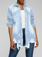 Casual Long Sleeve Shirt Button Ripped Denim Blouse Jacket