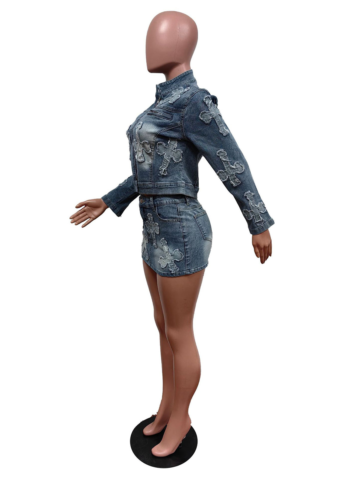 Crucifix Denim Jacket Short Skirt Sets