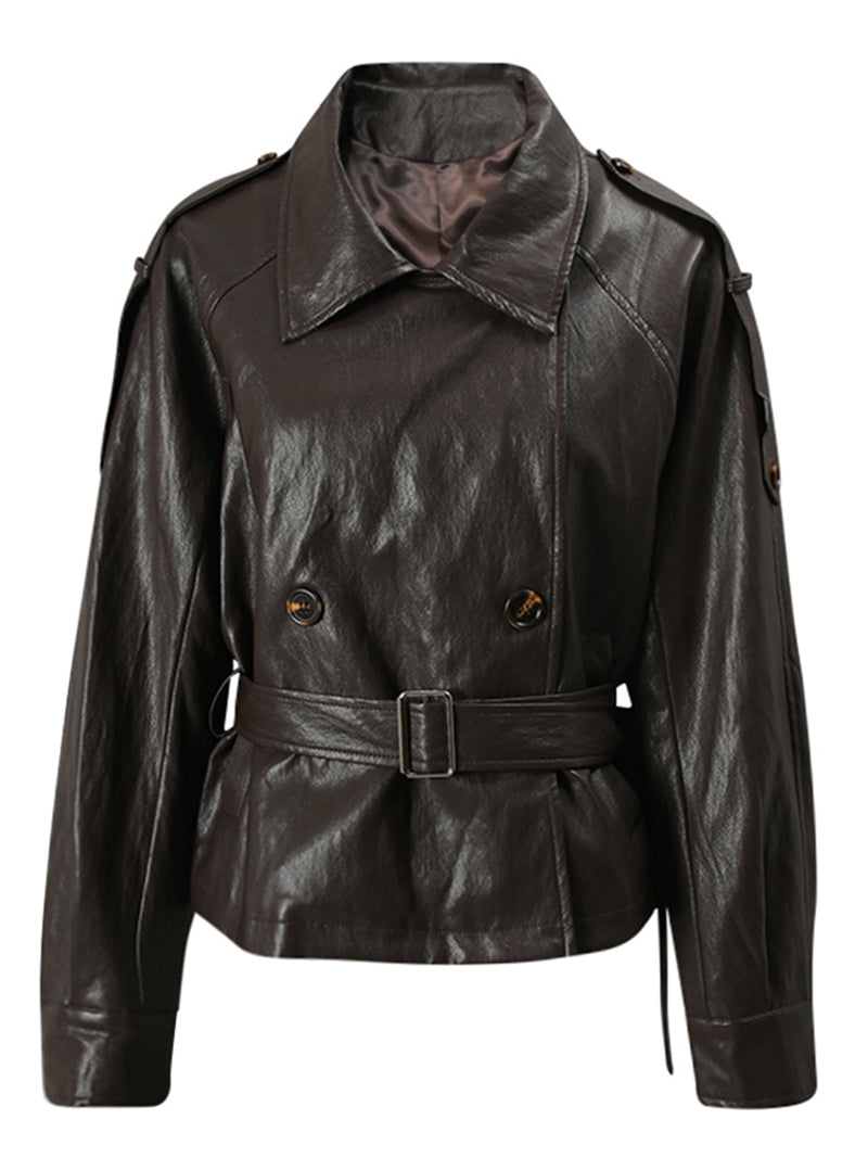 Fashion Long Sleeve Belted Faux Leather Jacket