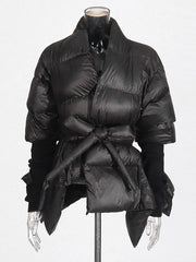 V Neck Asymmetrical Patchwork Long Sleeve Puffer Jacket