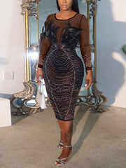 Sexy Rhinestone See Through Feather Bodycon Dress