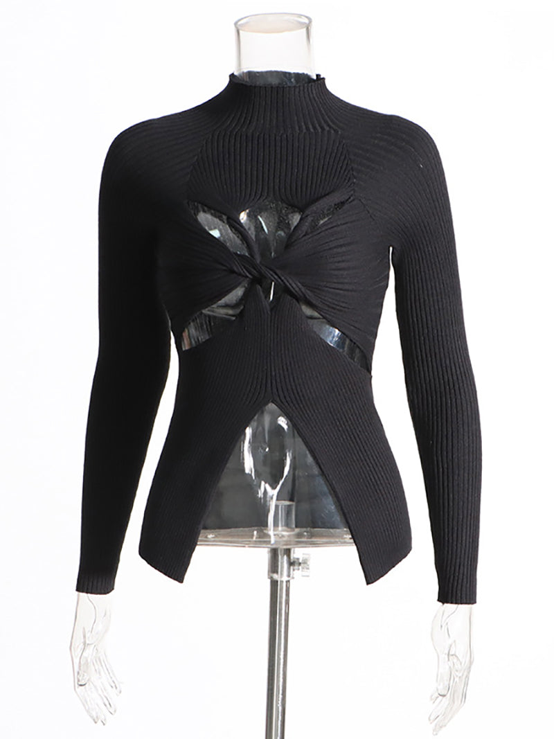 Fashion Round Neck Crisscross Hollow Out Knit Sweater