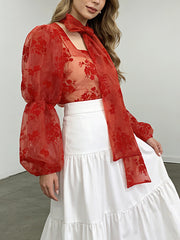 Elegant Floral Print Tie Up Mesh Sheer Shirt