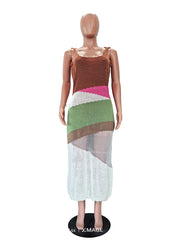 Casual Color Block Crochet Knit Maxi Dress